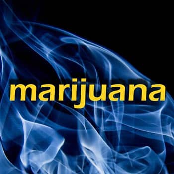 The word marijuana and blue smoke.