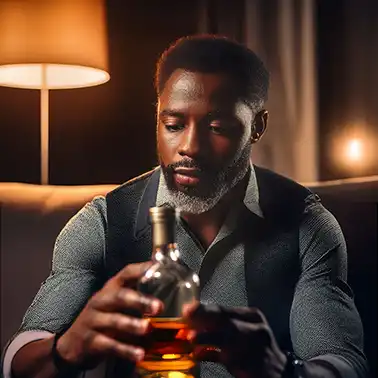 man looking at an alcohol bottle on the verge of relapse