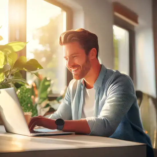 Man at a laptop smiling.