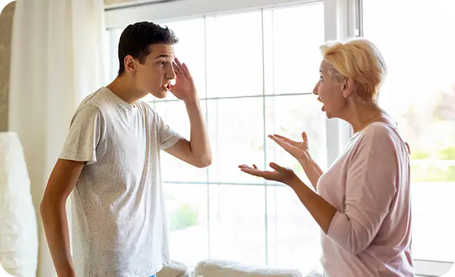 Son and mother arguing.
